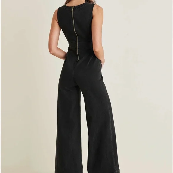 VENUS stretch denim Black Wide-Leg Jumpsuit - Picture 2 of 12